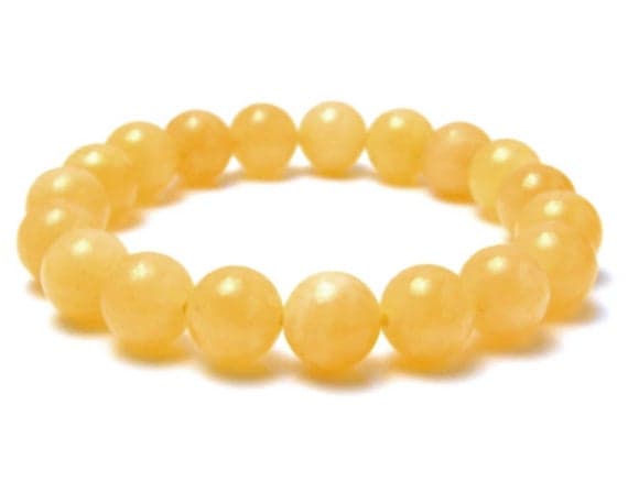 Personalized Gift 10mm Yellow Natural Aragonite Stretchable Bracelet Round, Smooth 18cm for mens, womens, gf, bf and adults.
