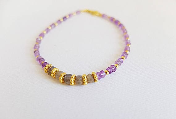 AAA++ Rare Quality Amethyst jewelry sale! Amethyst and Labradorite rondelles ,Gold  filled daisy spacers and spheres Amethyst labradorite stacking bracelet 3-4 mm Code- TJH90