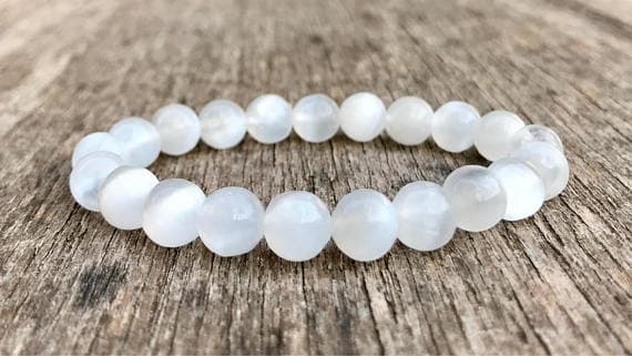 Artisan Loose 8mm Stretchable White Selenite Bracelet Round, Smooth 7" for mens, womens, gf, bf & Adult.