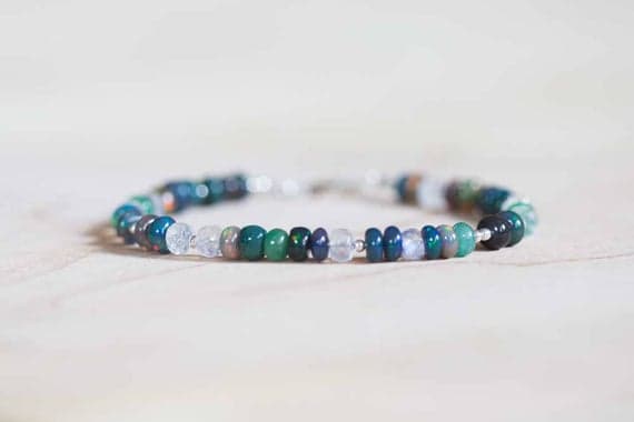 925 sterling silver Empath Protection 4.5-5.5mm Multi Colour Black Welo Opal & Emerald & Rainbow Moonstone stacking Bracelet Rondelle, Smooth 18cm for mens, womens, gf, bf and adults.