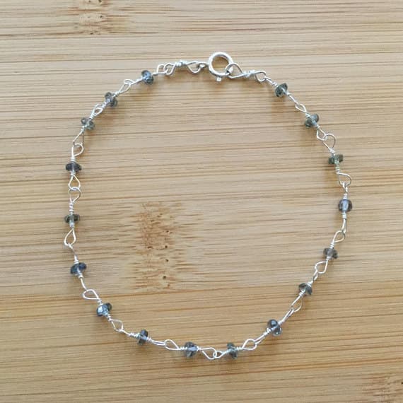 925 sterling Silver Natural 2mm stacking Gray Sapphire Bracelet Rondelle, Faceted 7" for mens, womens.