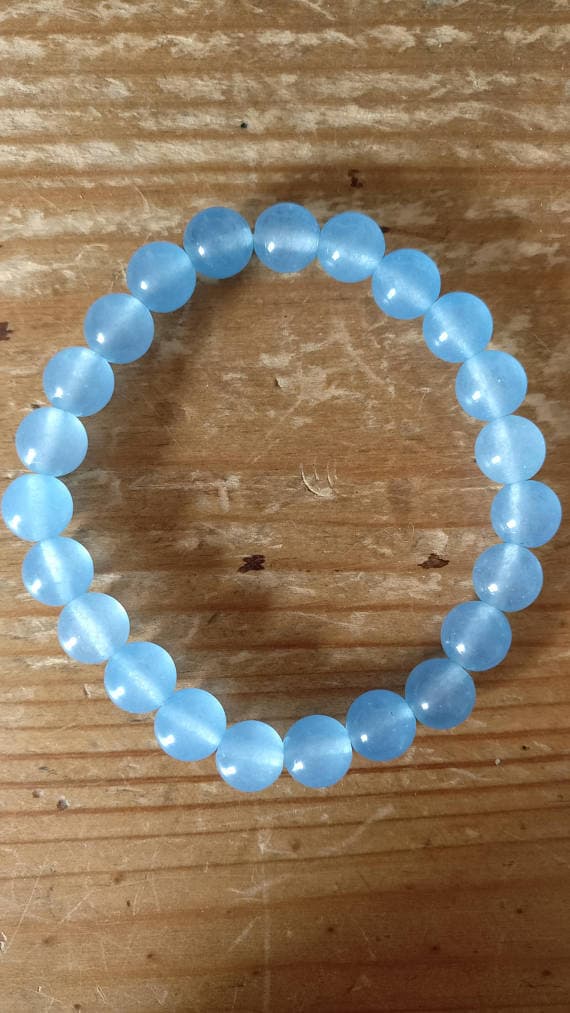 Empath Protection 8mm Blue Aquamarine Stretchable Bracelet Round, Smooth 18cm for mens, womens, gf, bf and adults.