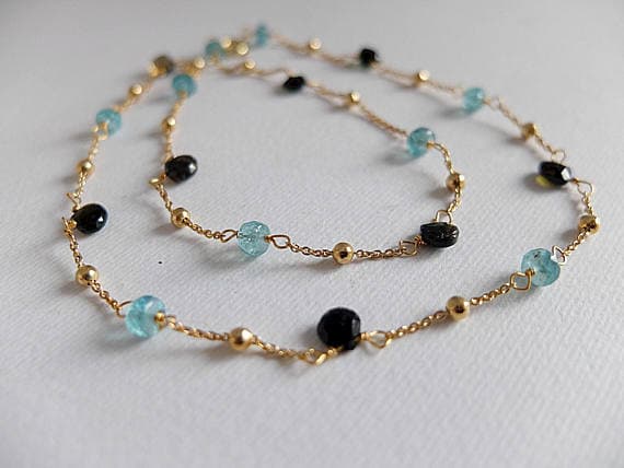 AAA++ Rare Quality Beautiful Apatite and black tourmaline necklace,Gold  filled necklace,Neon blue Apatite ,black tourmaline heart shaped gemstone necklace 5-6 mm Code- TJH182