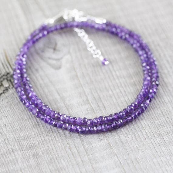 925 sterling Silver Positive Energy 3-3.5mm stacking Purple Amethyst Necklace Round, Faceted 16" for mens, womens, gf, bf & Adult.