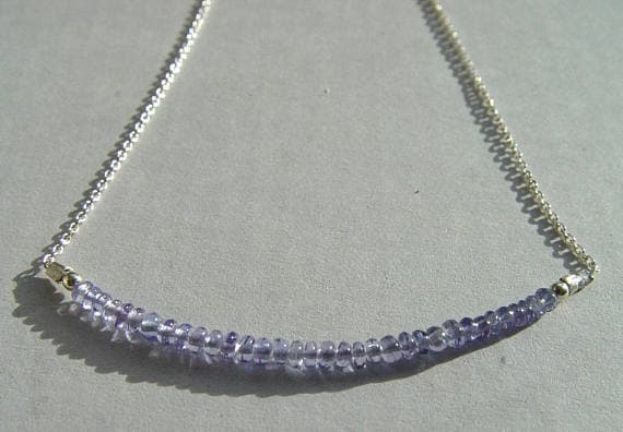 Tanzanite beaded gemstone bar Necklace Sterling Silver Chain 2 x 3mm Code- WAR6128