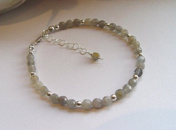 Labradorite gemstone Beaded Bracelet Sterling Silver beads Clasp Extendable extender chain 4mm 7"Strand. Code- WAR6118