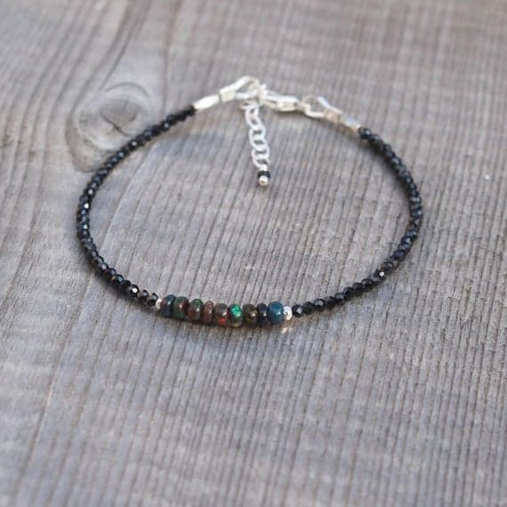 925 sterling Silver Anxiety Gemstone Silver Helling 3mm stacking Multi Ethiopian Welo Opal & Black Spinel Bracelet Round & Rondelle, Faceted & Smooth 7" for mens, womens, gf, bf & Adult.