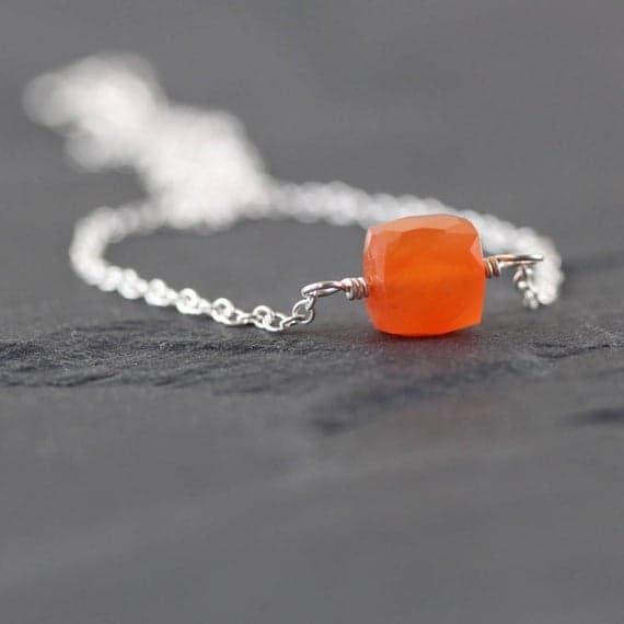 925 sterling Silver top quality 8mm stacking Orange Carnelian  Necklace Cube, Faceted 16" for mens, womens, gf, bf & Adult.