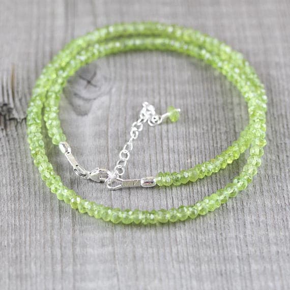 925 sterling Silver Dainty Slave Loose 3.5-4mm stacking Green Peridot Necklace Rondelle, Faceted 16" for mens, womens, gf, bf & Adult.