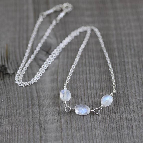 925 sterling Silver Dainty Slave Loose 8x5mm stacking White Rainbow Moonstone Necklace Oval, Faceted 16" for mens, womens, gf, bf & Adult.