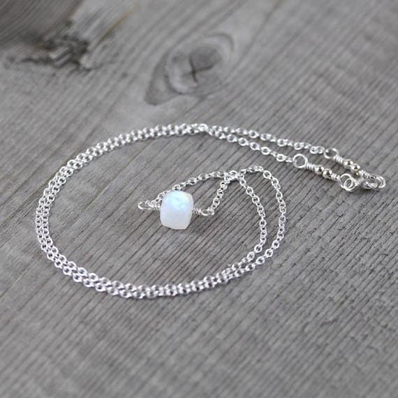 925 sterling Silver Anxiety Relief Calming 6mm stacking White Rainbow Moonstone  Necklace Cube, Faceted 16" for mens, womens, gf, bf & Adult.