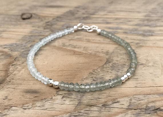 Blue and Moss Aquamarine Sterling Silver Bracelet- Energy Healing Jewelry- Stacking- March Birthstone- Boho- Asymmetric 3-3.5 mm Code- WAR6779