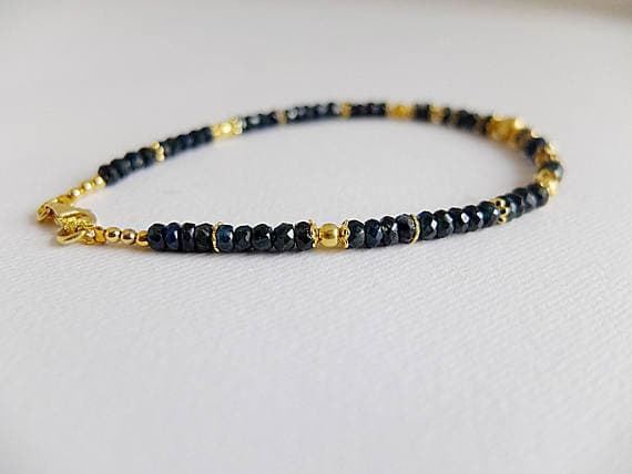 AAA++ Rare Quality Deep Midnight Blue Sapphire Faceted gemstone bracelet with stardusted ball spacers and filigree caps , Gold  filled silver,dark blue sapphire 3/4 mm Code- TJH105