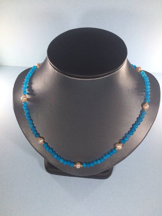 24k gold Plated chakras simple Gold Helling 4-5mm stacking Blue & Pink Pearl and Agate Necklace Round, Smooth 16" for mens, womens, gf, bf & Adult.