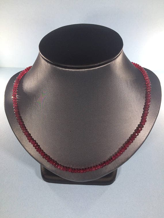 925 sterling Silver Dainty Slave Loose 4-5mm stacking Red Ruby Necklace Rondelle, Faceted 16" for mens, womens, gf, bf & Adult.