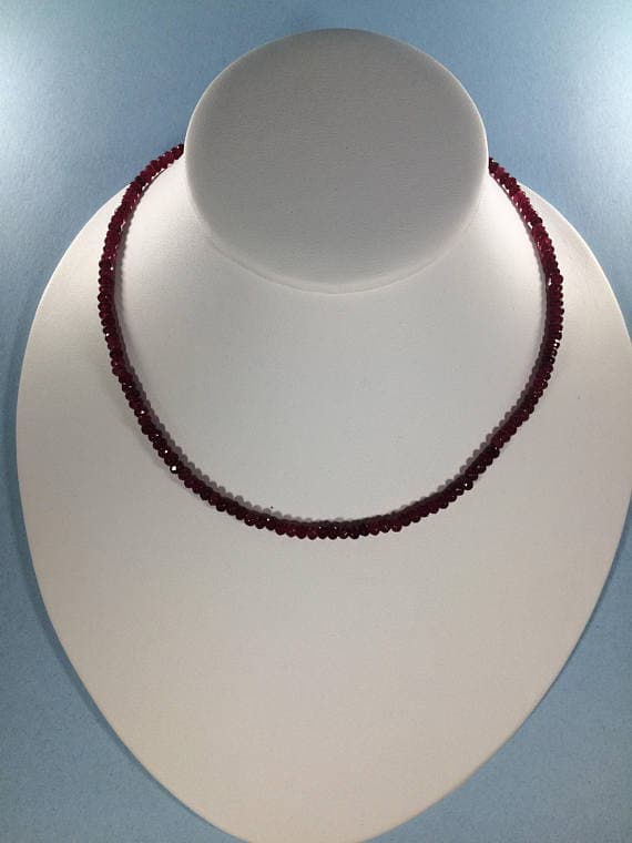 925 sterling Silver Anniversary Gift 3-4mm stacking Red Ruby Necklace Rondelle, Faceted 16" for mens, womens, gf, bf & Adult.