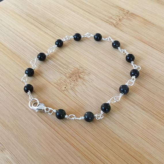 925 sterling Silver Unique Wedding Gift 4mm stacking Black Obsidian Bracelet Round, Smooth 7" for mens, womens.