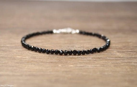 925 sterling Silver Anxiety Gemstone 3mm stacking Black Black Spinel Bracelet Round, Faceted 7" for mens, womens, gf, bf & Adult.