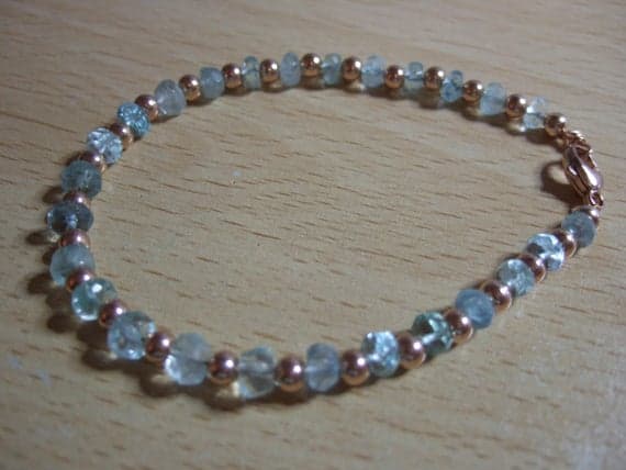Natural Aquamarine Gem, March's Birthstone, and Rose Gold Vermeil Beads 7.5" Bracelet 3-6mm Code- WAR6150