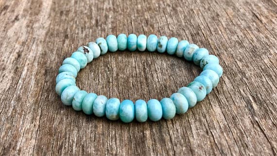 Dainty Slave Loose 9x6mm Stretchable Sky Blue Larimar Bracelet Rondelle, Smooth 7" for mens, womens, gf, bf & Adult.