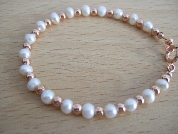 Natural Freshwater Potato Pearl, June's Birthstone, and Rose Gold Vermeil Beads 7" Bracelet 3-6mm Code- WAR6149