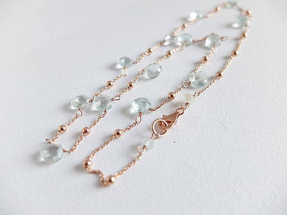 AAA++ Rare Quality Gemstone Necklace,Aquamarine necklace,pale blue necklace,rose Gold  filled necklace,handwrapped necklace heart shaped aquamarine gemstone 8 mm Code- TJH185