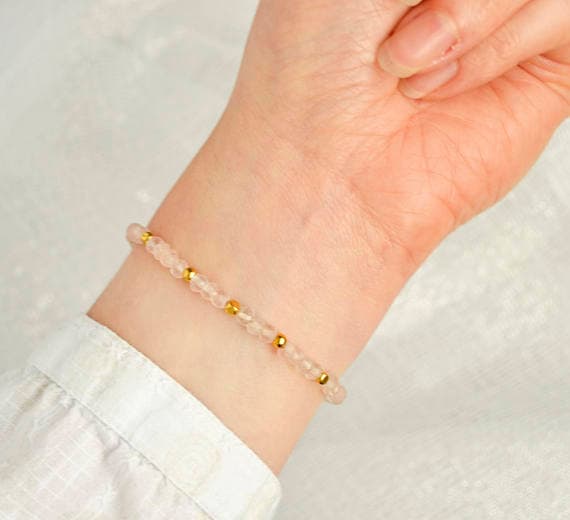 Rose Quartz Bracelet - Pink Gold Bracelet - Dainty Gemstone Bracelet - Romantic Gift For Her - Heart Chakra Jewelry 4mm Code- WAR6902