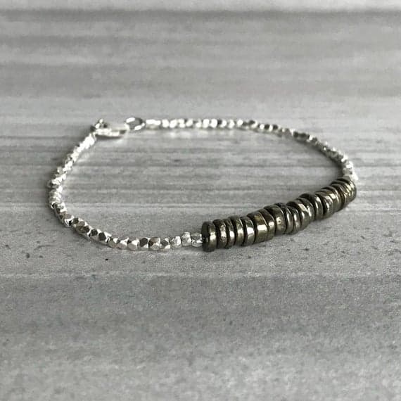 925 sterling silver Handmade Beaded 5mm Black Pyrite stacking Bracelet Rondelle, Smooth 18cm for mens, womens, gf, bf and adults.
