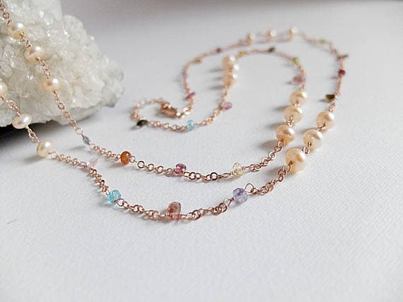 AAA++ Rare Quality Long Multi gemstone and pearl Necklace,multi gemstone semiprecious necklace,multi color necklace,rose Gold  filled necklace,rose Gold  chain 3-4 mm Code- TJH183