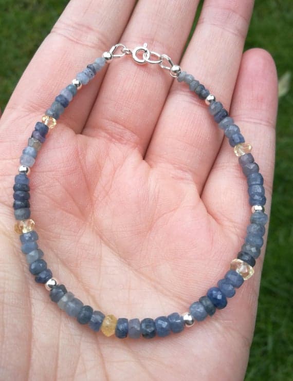 925 sterling Silver Handmade Beaded 2-4mm stacking Multi Sapphire & Citrine & multi gemstone Bracelet Rondelle, Faceted 7" for mens, womens, gf, bf & Adult.