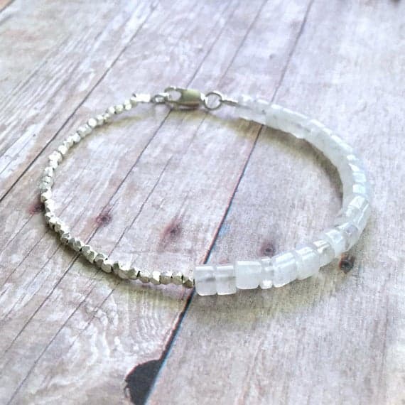 925 sterling silver Positive Energy 5mm White Rainbow Moonstone stacking Bracelet rondelle, Smooth 18cm for mens, womens, gf, bf and adults.