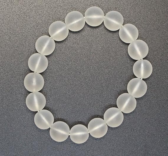 good luck gift 12mm Stretchable white White Quartz Matt Bracelet Round, Smooth 7.5" for mens, womens, GF, BF, Adults.