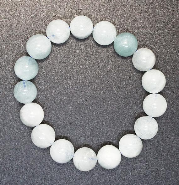 Rock Gift 12mm Stretchable blue Aquamarine Bracelet Round, Smooth 7" for mens, womens, GF, BF, Adults.
