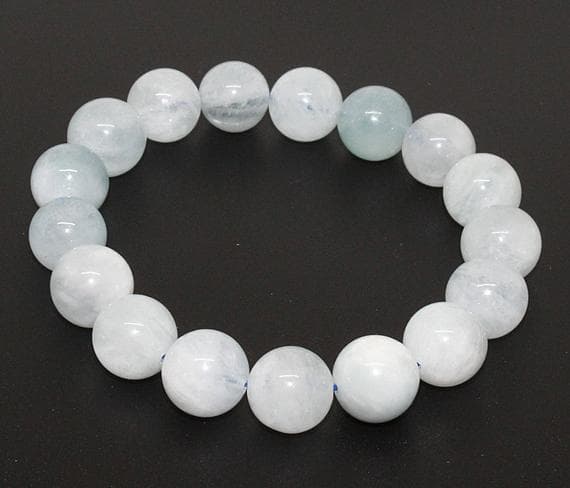 milky aquamarine beaded bracelet round ball smooth 7.5'strand gemstone beads, jewelry supplies for jewelry making, bulk beads, for meditation jewellery for Reiki Healing  gemstone 12mm
