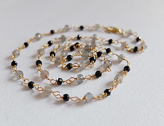 AAA++ Rare Quality Gold  filled Rosary Necklace with black Tourmaline and labradorite roundels,Gold  filled handcrafted,rosary style, black and grey gemstones 3 mm Code- TJH181
