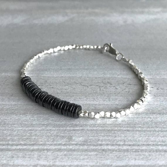 925 sterling silver Jewelry Energy 5mm Black Black Spinel stacking Bracelet Rondelle, Smooth 18cm for mens, womens, gf, bf and adults.