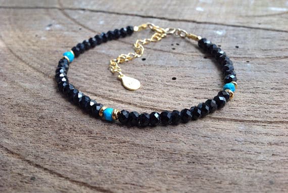Dainty Bracelet, Black Spinel, Turquoise Sleeping Beauty Arizonal, Karen Hill silver plated 24K gold, Bohemian Chic 3.5 to 4 mm Code- WAR6360