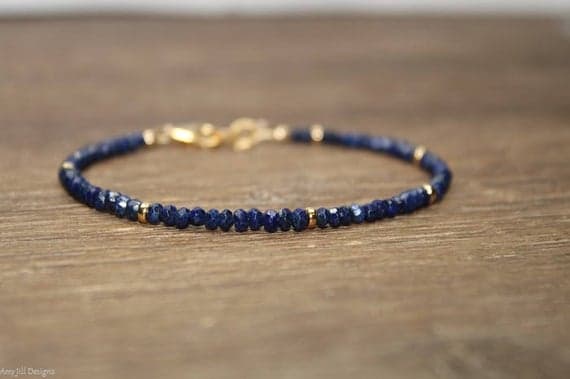 24k gold Plated Rock Gift Gold Helling 3mm stacking Blue Lapis Lazuli Bracelet Rondelle, Faceted 7" for mens, womens, gf, bf & Adult.