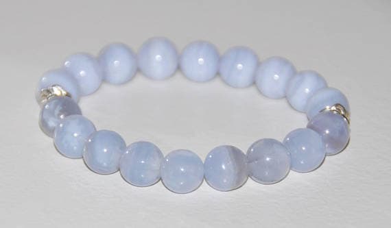 925 sterling silver Rock Gift 11mm blue Blue Lace Agate & Blue Chalcedony Stretchable Bracelet Round, Smooth 18cm for mens, womens, gf, bf and adults.
