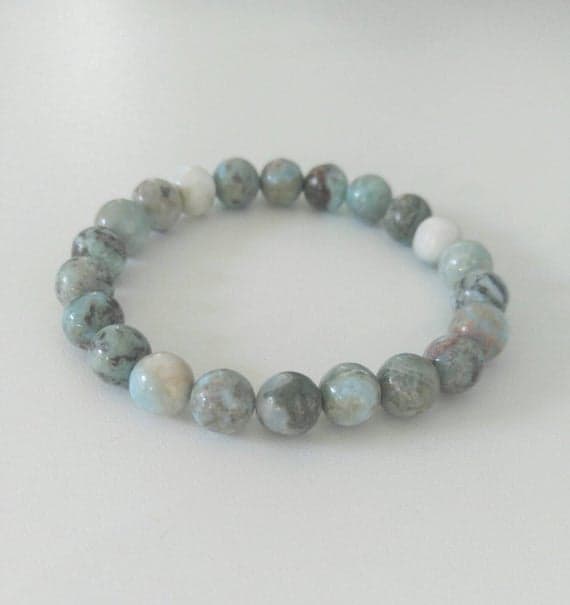 Handmade Beaded 8mm Stretchable White Larimar Bracelet Round, Smooth 7" for mens, womens.