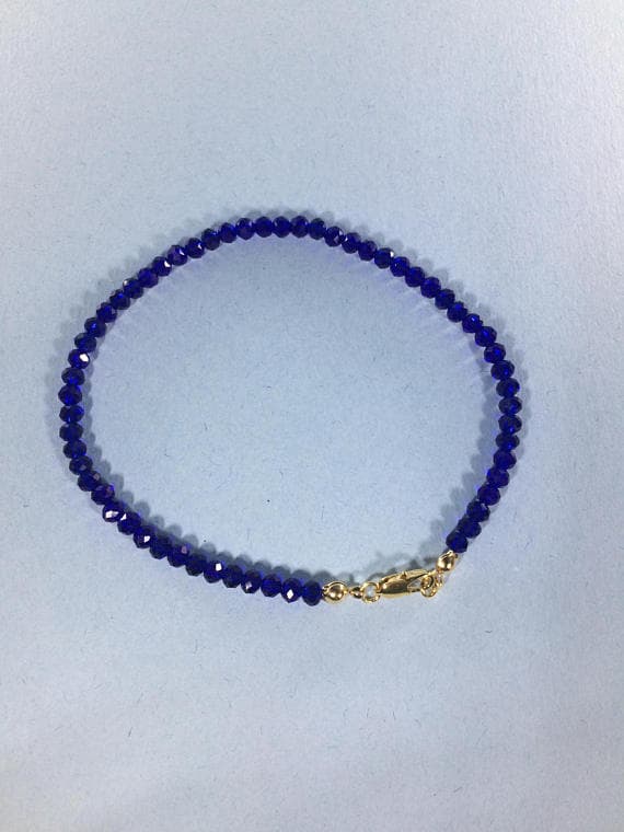 24k gold Plated Jewelry Energy 6-7mm stacking Blue Sapphire Bracelet Round, Faceted 7" for mens, womens, gf, bf & Adult.