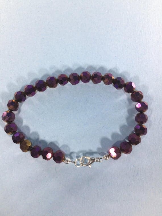 925 sterling Silver Positive Energy 4-5mm stacking Purple Amethyst Crystal Bracelet Round, Faceted 7" for mens, womens, gf, bf & Adult.