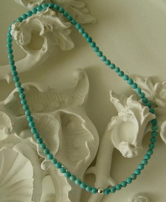 Turquoise 4mm gemstone Double wrap Bracelet stretch elastic cord stacking Sterling silver bead 14" Strand. Code- WAR6122