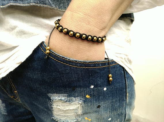 Handmade Beaded 6mm Golden Hematite Shamballa Adjustable Bracelet Round, Smooth 18cm for mens, womens, gf, bf and adults.