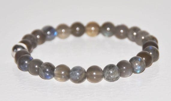 Personalized Gift 8mm Gray Labradorite & Gray Moonstone Stretchable Bracelet Round, Smooth 18cm for mens, womens, gf, bf and adults.