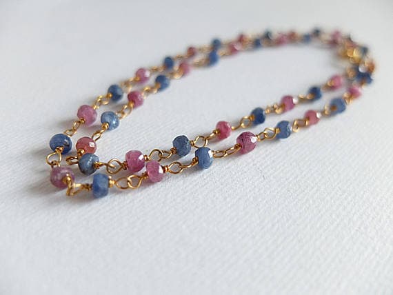 AAA++ Rare Quality Ruby and Sapphire rosary style necklace,Gold  filled necklace,Natural Ruby Multi Gemstone Emerald Sapphire Multi Gemstone Necklace,ruby 3 mm Code- TJH180