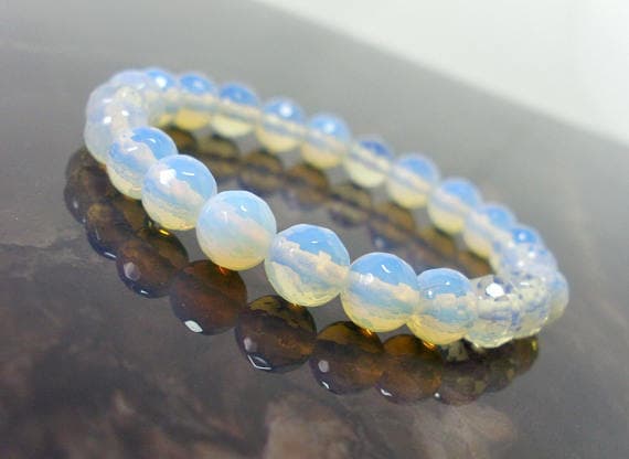 chakras simple 8mm Stretchable White Moonstone (Opalite) Bracelet Round, Faceted 7" for mens, womens.