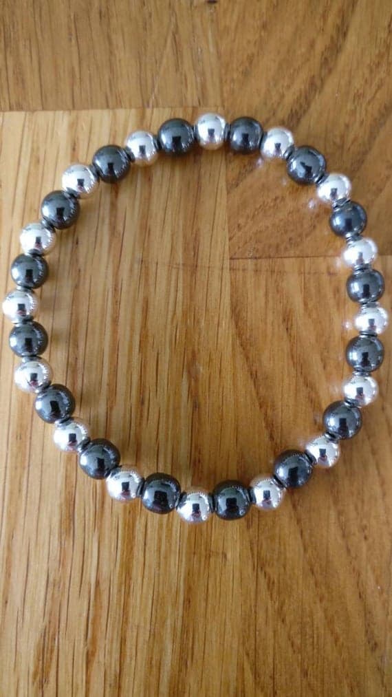 925 sterling silver chakras simple 6mm Silver Hematite Stretchable Bracelet Round, Smooth 18cm for mens, womens, gf, bf and adults.