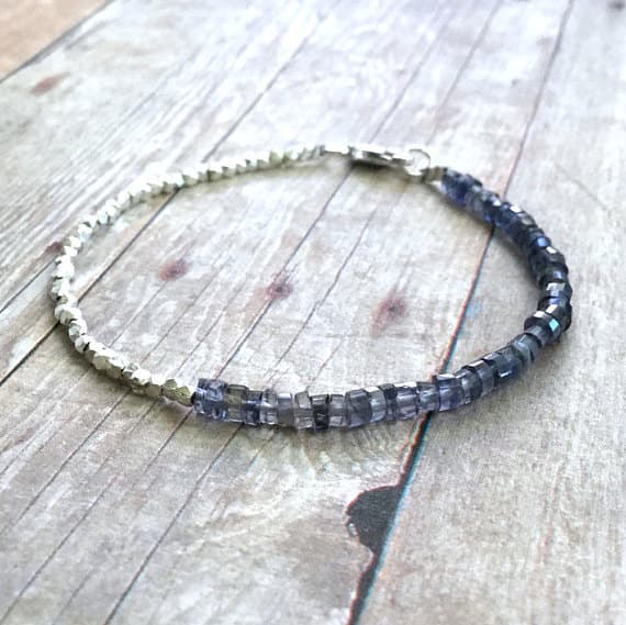 925 sterling silver good luck gift 4mm Blue Iolite stacking Bracelet Rondelle, Smooth 18cm for mens, womens, gf, bf and adults.