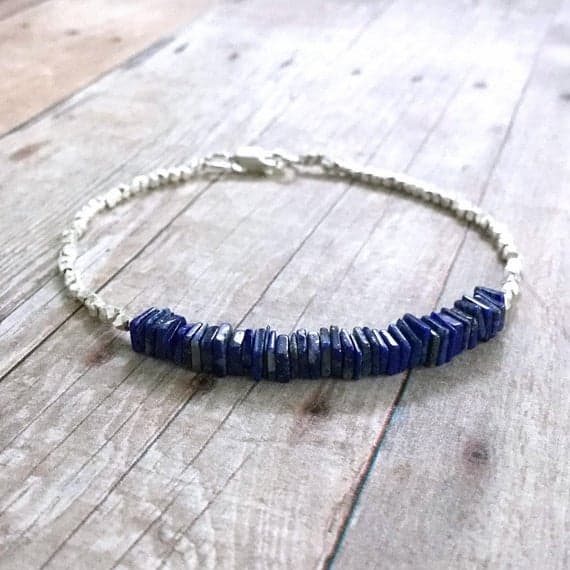 925 sterling silver good luck gift 5mm Blue Lapis Lazuli stacking Bracelet Square, Smooth 18cm for mens, womens, gf, bf and adults.